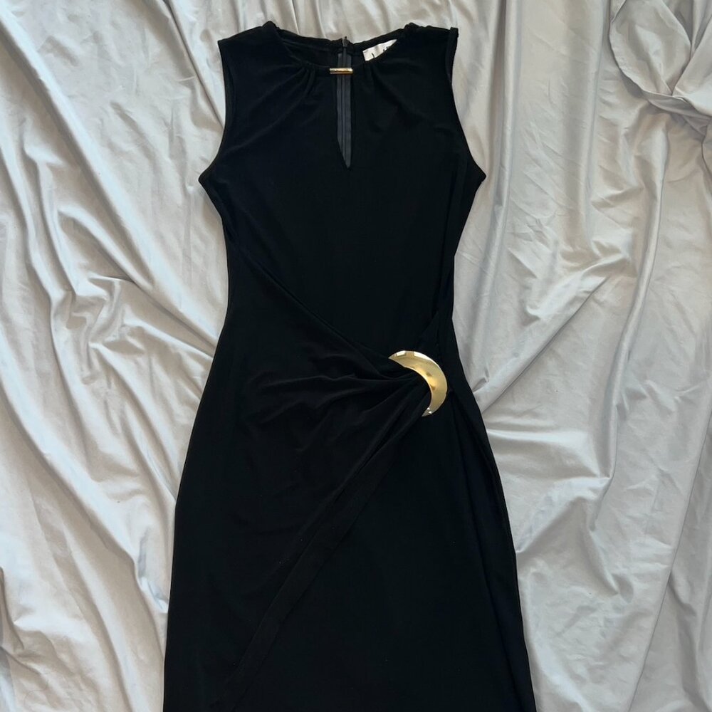 Joseph Ribkoff Draped Sleeveless Black Dress with Decorative Side Accent